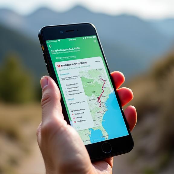 Smartphone zeigt eine digitale Landkarte und Checklisten des Reise-Pakets.